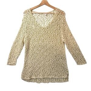 J.Jill Open Knit Crochet Beachy Yellow Tunic Top WOMENS SIZE LARGE 100% Cotton